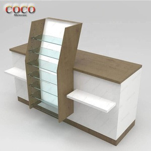 Wholesale Customized Wooden Pharmacy Shop Checkout Counter with Display Glass Shelves