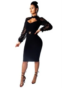 Wholesale Cut Out Sexy Women Dress with Sequin Lace Mesh Sleeves Black Knee Length Dress Bodycon Club Party Dress