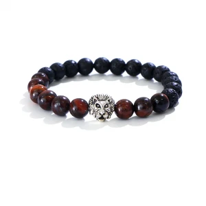 Wholesale Promotional 8 mm  Natural Stone Bracelet Gemstone and  Lava Volcanic Stone with a animal head