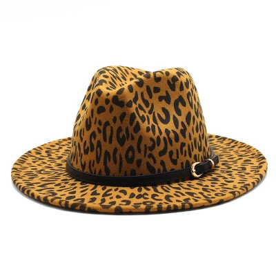 Winter Fashion Simplicity All-match Leopard Fedora Flat Wide Brim Hat With Black Hat Belts Women And Men Felt Hats Wholesale
