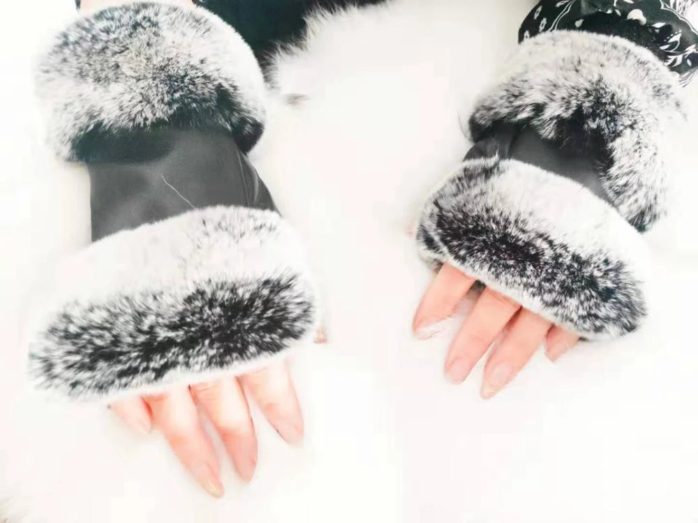 Winter Women Leather Gloves Outdoor Driving Warm rex rabbit Fur Gloves