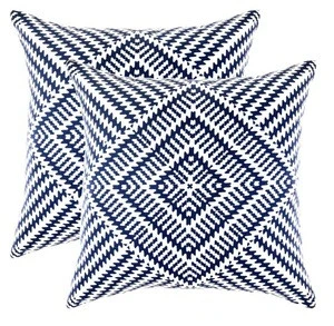 ZY-CC0008 Pack of 2 Kaleidoscope Accent Throw Pillow Covers in Cotton Canvas (20 x 20 Inches; Navy Blue)