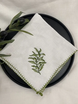 Handmade Olive Embroidered %100 Linen Napkin