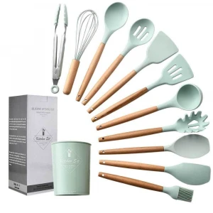 11Pcs Silicone Kitchen Utensils With Wooden Handle Silicone Mint Green Kitchen Utensils