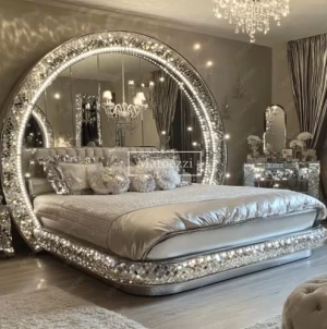 Modern Diamond Mirrored Bed for Bedroom or Hotel for Villa Luxury Bedroom Furniture