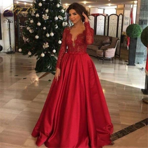 Sexy Red Lace Evening Dress Long Sleeves Satin Skirt Formal Party Dress Haute Couture Fine Lace Prom Dress