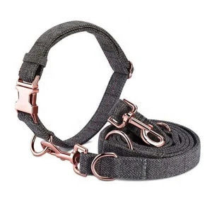 2019 Hot Sales Tweed Wool Dog Collar Leash and Harness with Rose Gold Metal Accessories