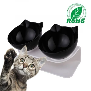 15 Degree Tilted Cute Cat Face Elevated Double Transparent Plastic Raised Cat Food Water Bowl Dishes