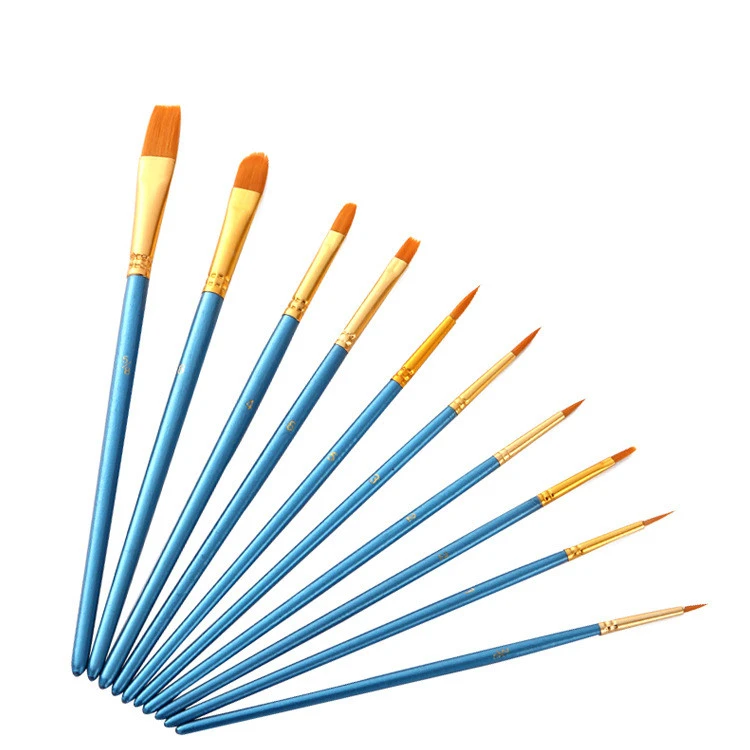 10 Pcs/Set Watercolor Gouache Paint Brushes Different Shape Round Pointed Tip Nylon Hair Painting Brush Set Art Supplies