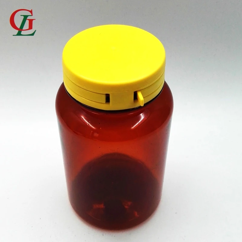 200cc PET amber vitamin capsule bottle medicine plastic pill bottle with tamper proof cap at stock