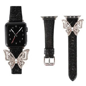 2020 New Design Bling Butterfly Real leather Watch Band for Apple Watch  38mm 40mm 42mm 44mm Leather strap