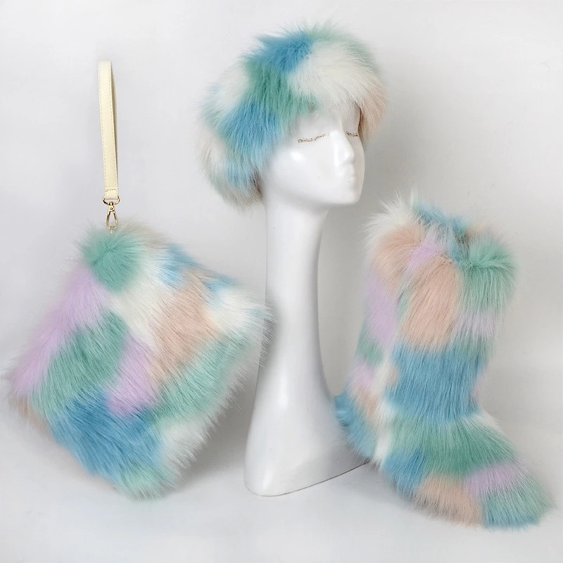 2021 hot selling winter wholesale fake fox fur candy bags match colorful fur headbands and multicolor fur boots sets