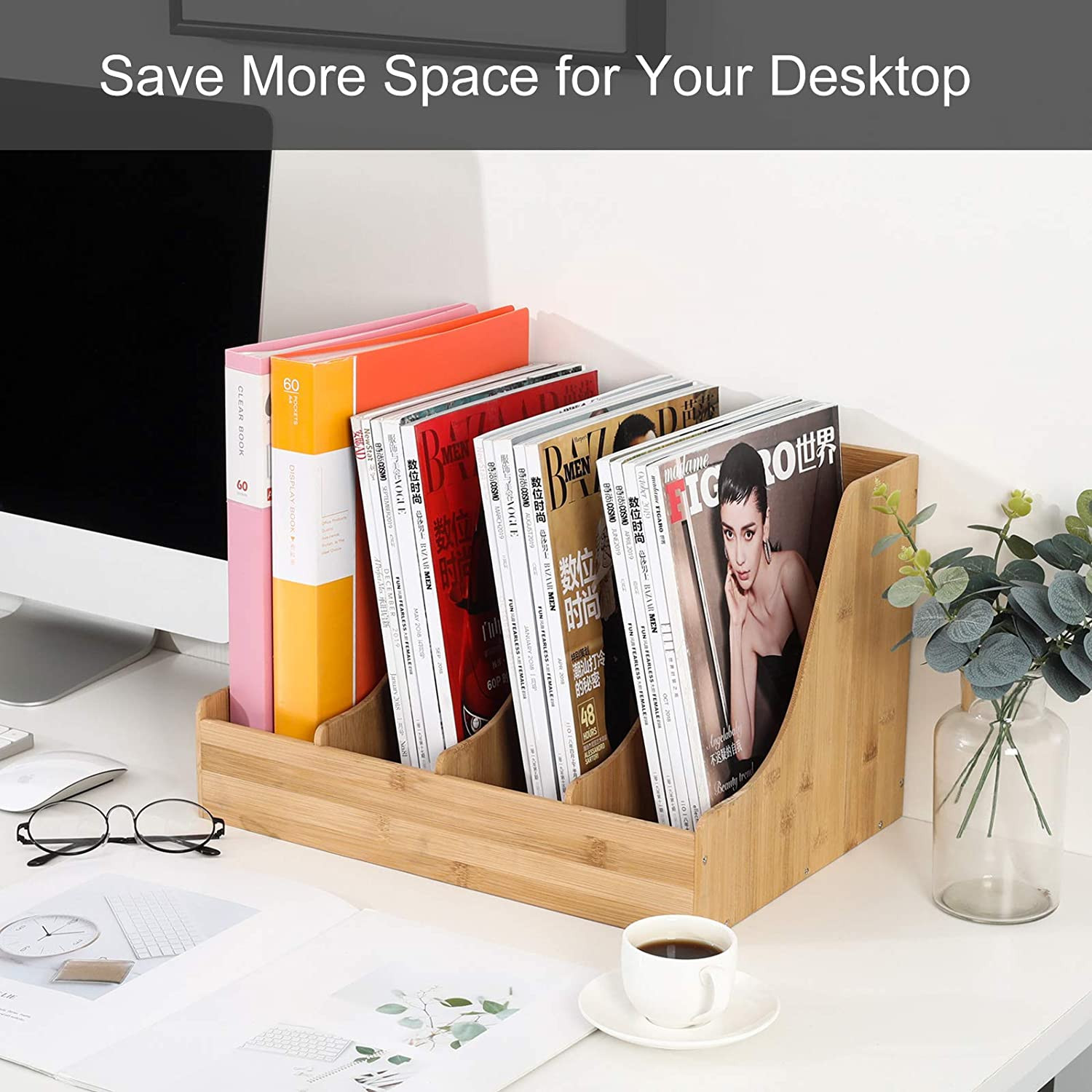 Buy 4 Compartments Bamboo Desktop File Folder Holder Workspace File ...