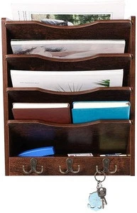 5-Tier Wooden Wall File Holder Wood Magazine Literature Rack with 6 Hooks Hanging Mail Organizer Rack