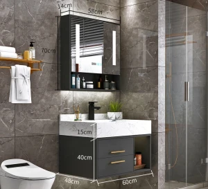 600 mm Modern Luxury Stone Bathroom Vanity Vanities Wood Cabinet Unit Combo Smart LED  Mirror Cabinet Faucet 24 inch