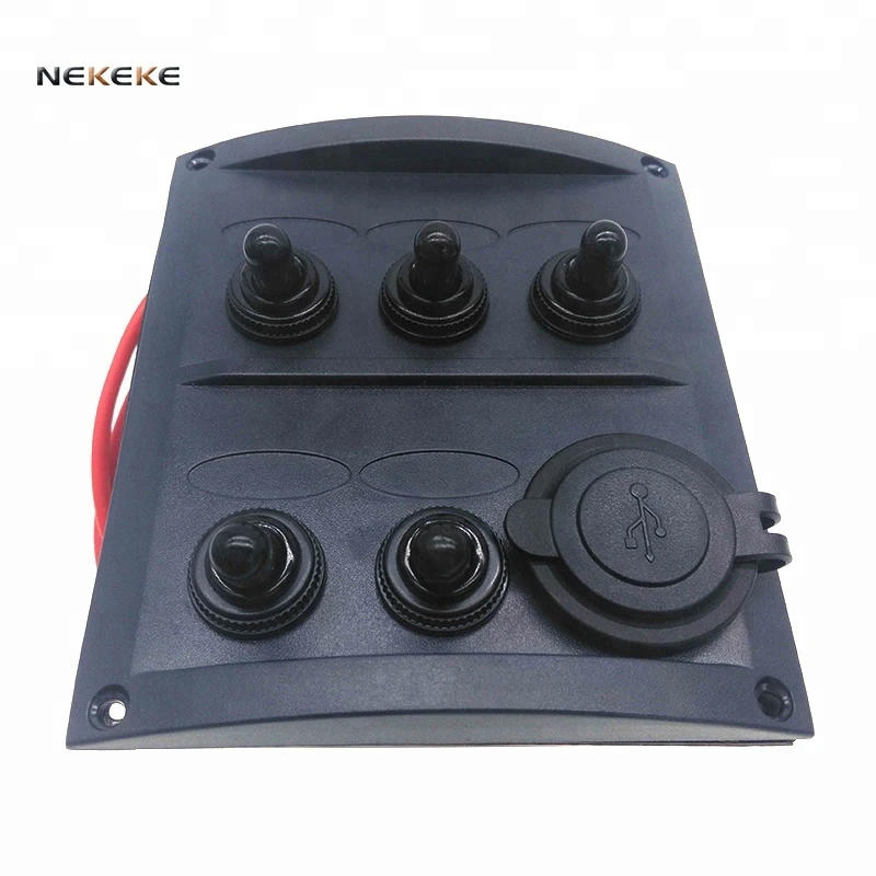 ABS Rocker Switch Panel Boat Marine 5 Gang LED Toggle Switch Panel with USB Charger Socket