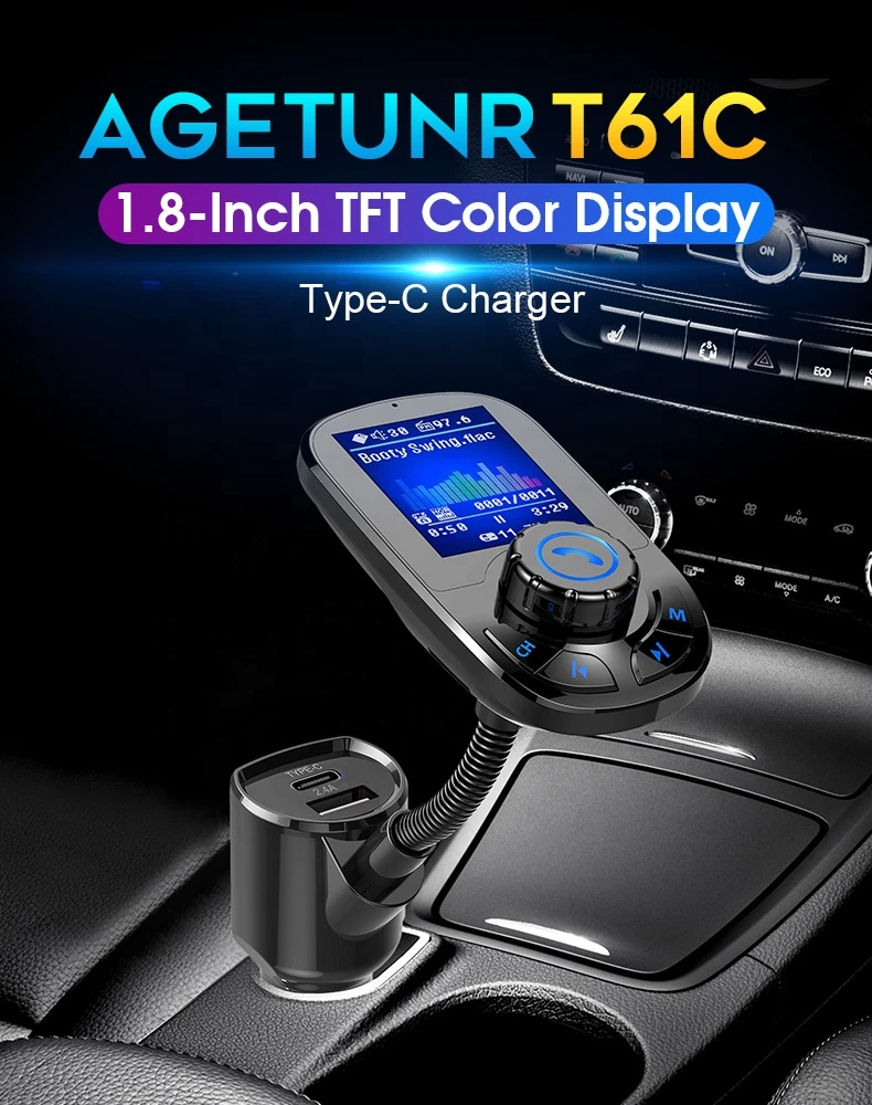 AGETUNR T61C Bluetooth mp3 player car fm transmitter hands free phone call kit USB 2.4A Type-C Charge 1.8" Color Screen Black