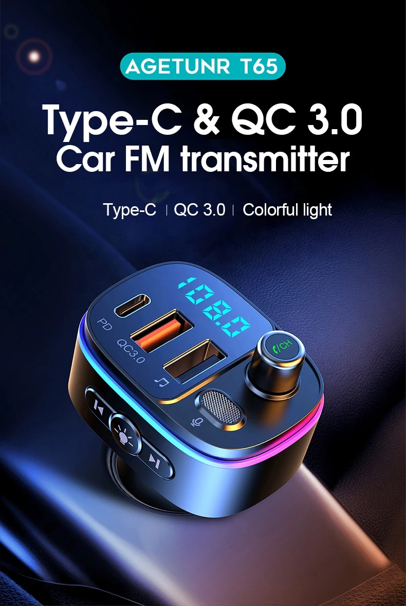 AGETUNR T65  Latest Design  Multi Led Light PD Port Support Apple Charging Stereo Car Bluetooth 5.0  MP3 Player  FM Transmitter