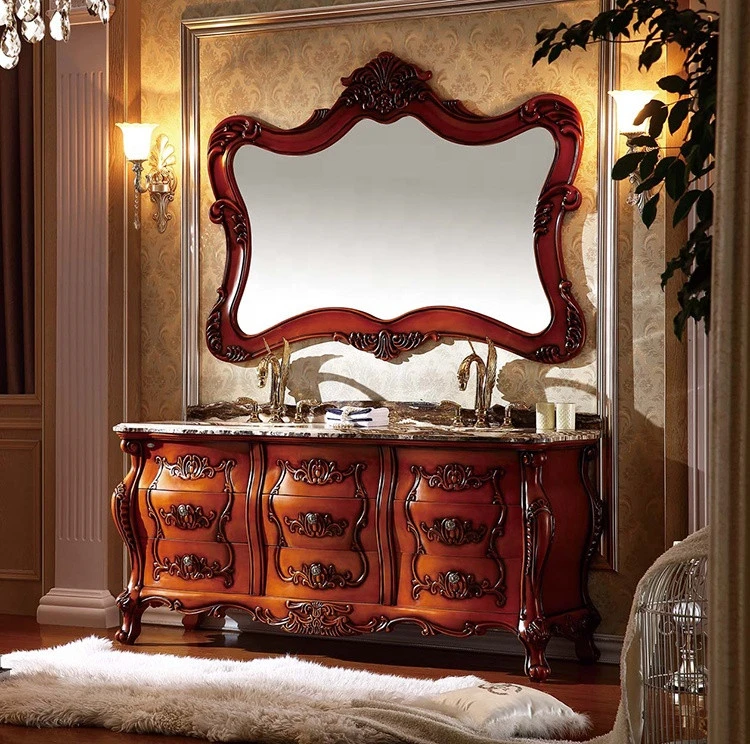Antique 72 Inch Double Mirror Wooden Bathroom Vanity With Marble Top