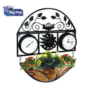 archaistic/antique Decorative promotional outdoor Garden metal wall clock /thermometer with hanging flower basket coco liner