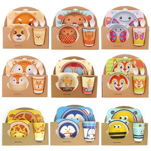 Baby Dish Tableware Children Cartoon Feeding Dishes Kids Natural Bamboo Fiber Dinnerware With Bowl Fork Cup Spoon Plate