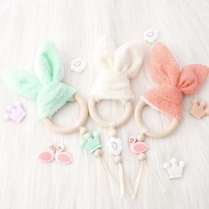 Baby Teether 1PC Nursing Pendant Cute Bunny Wood Rings Food Grade Wooden Teether Towel Teething Toys