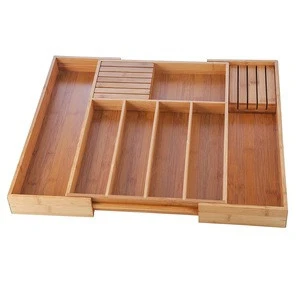 Bamboo Silverware Expandable Drawer Organizer , Expandable Cutlery Tray with Knife Block