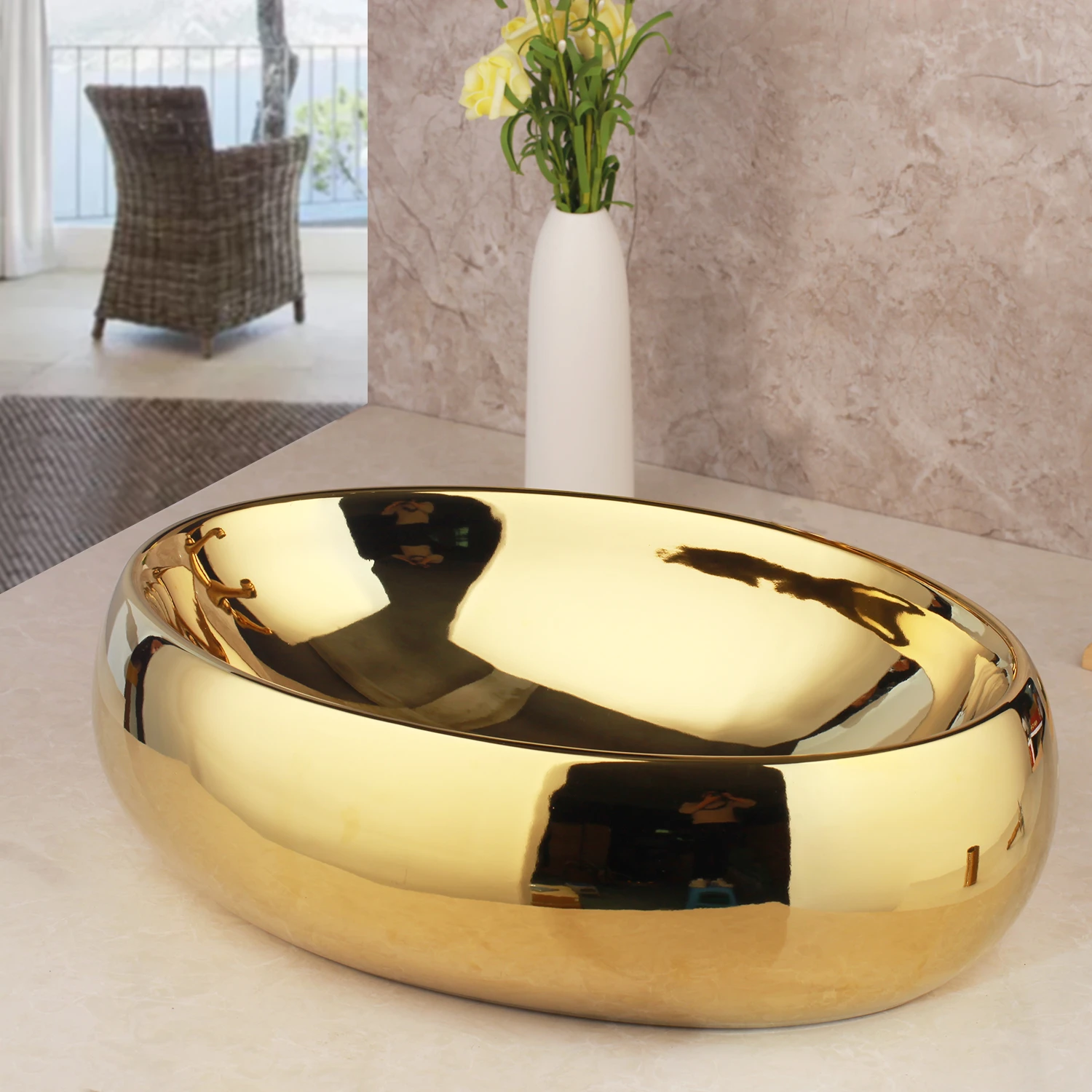 Basin Sinks Waterfall Gold Mixer Faucet + Oval Gold Ceramic Basin Sink Bowl Pop Drain Set
