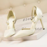 BUSY GIRL ML8023 Womens pointed toe thin heel high heel pump dress shoes with pearl metal snkle strap