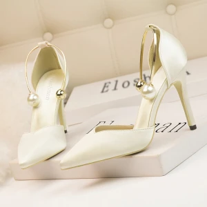 BUSY GIRL ML8023 Womens pointed toe thin heel high heel pump dress shoes with pearl metal snkle strap