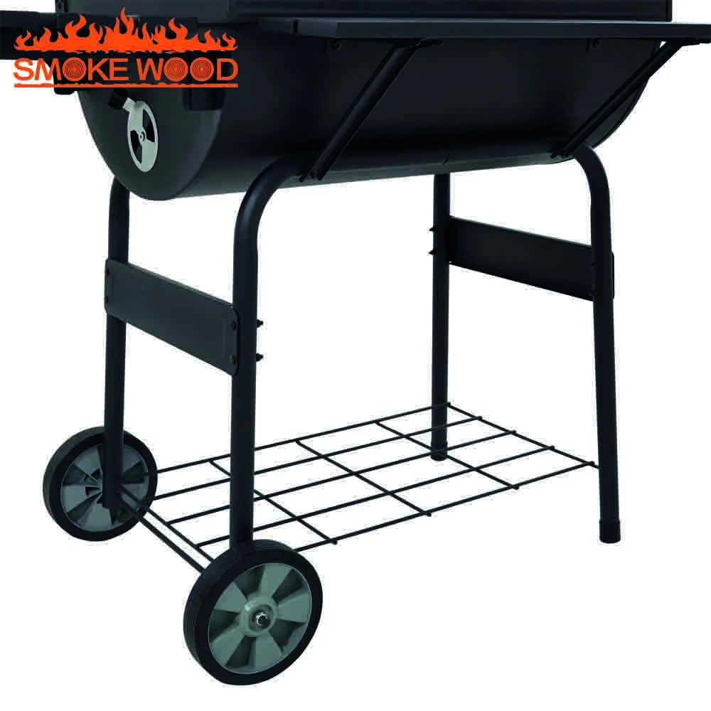 Camping Cast Iron Barrel Portable Trolley Charcoal BBQ Grill Smoker With Trolley Cart
