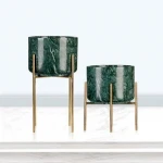 Carved stone crafts India green marble flower pots planters gold rack shelf gold stand