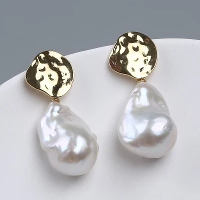 Charm 18K Gold Plated Stainless Steel Big Baroque Freshwater Pearl Hoop Earrings