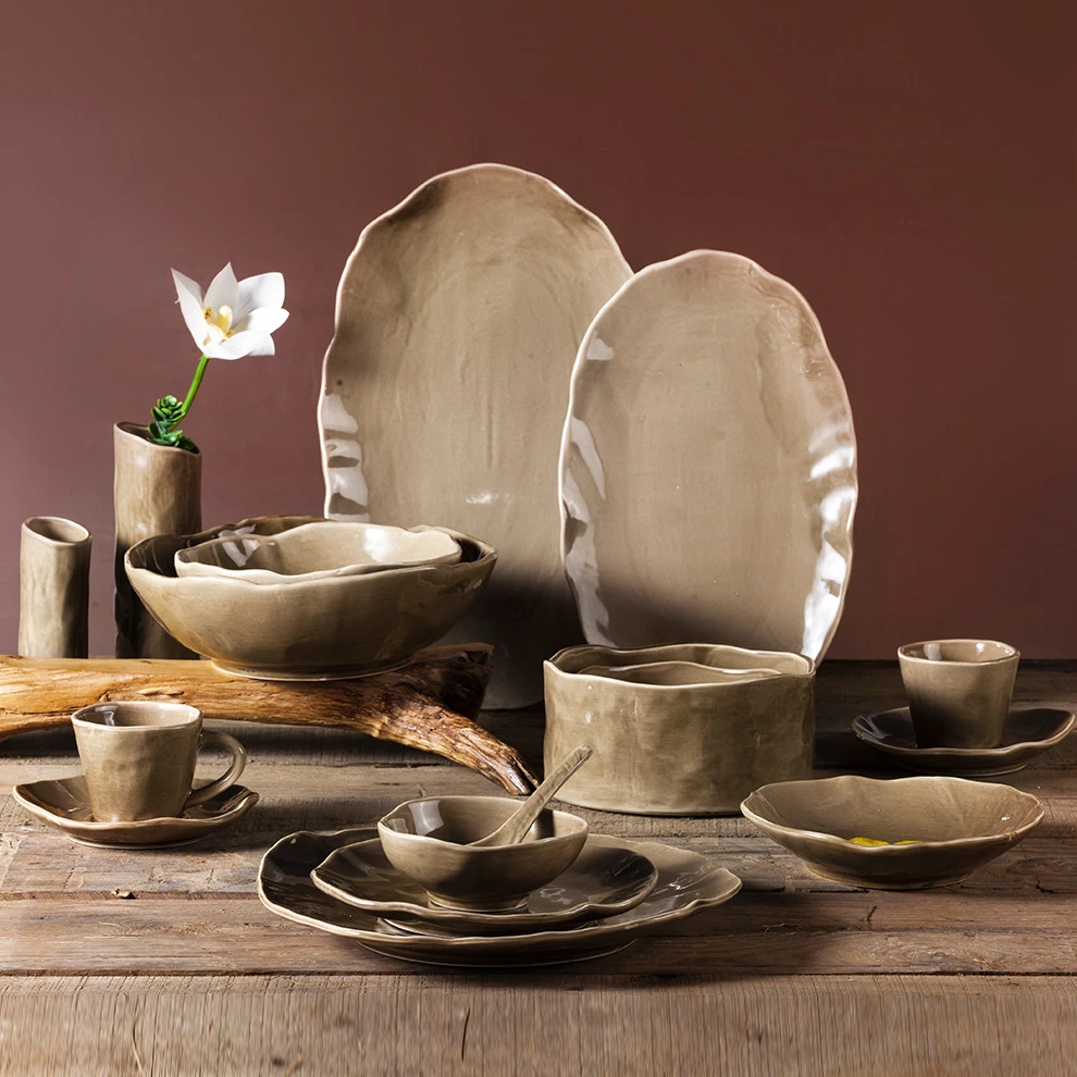 China Factory kiln changing Yayu creative gray porcelain_set irregular china_dinnerware_ retro ciramic dinner set plates ceramic