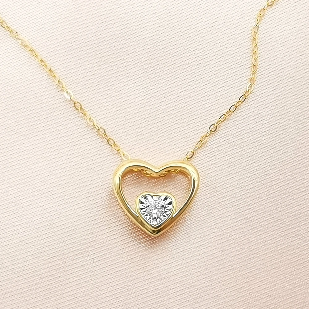 Classic Double Heart 18K Solid Gold With Natural Diamond Necklace,  Illusive Fancy 18K Real Gold Diamond Jewelry Necklace