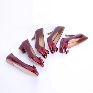 Classical square heels bow tie round toe genuine leather Italian shoes medium high heels women pumps