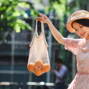 100% Cotton Net Bag Narrow-Band Long Handle Hand-Held Woven  Supermarket Shopping Bag Cotton Net Bag