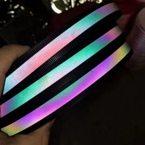 custom 1 cm 3cm width iridescent rainbow stripes print sewed on polyester ribbon webbing tape for hi vis garment bag accessories