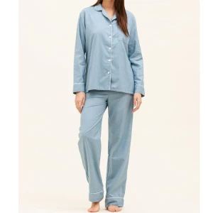 Custom logo 2 piece sleepwear sky blue cotton pyjamas womens long sleeve pants vintage nightgown
