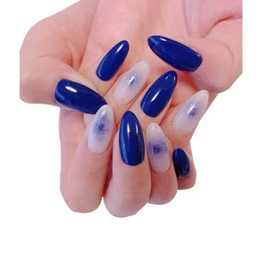 customize luxury almond shape water color translucent base glitter printing false nails glossy navy blue artificial nails