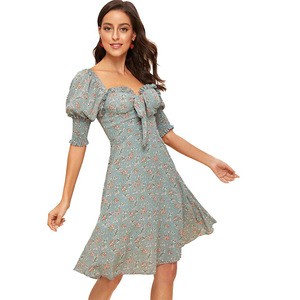 Customized high quality vintage knot front shirred sleeve floral women dress