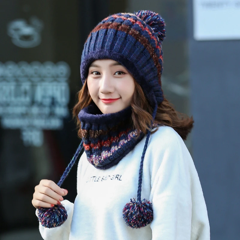 Cute Pompom Ball Beanie Female Girl Winter Hat Scarf Set Windproof Ear Protection Velvet Thick Warm Earflap Knit Hats For Women