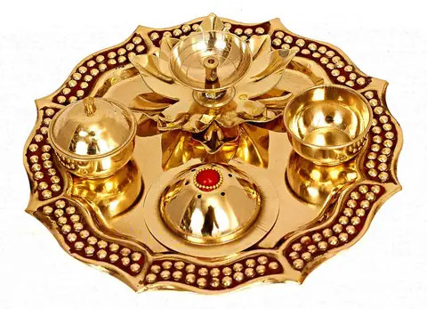 Designer Metal Brass Pooja Thali Set Combo With Incense Holder Aarti Diya Holder & Akshat Holder For Temple