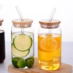 Drinking Glass with Bamboo Lids Glass Straw 16oz Can Shaped Cocktail Glass Cup Beer Iced Coffee Glasses for Whiskey Bubble Tea