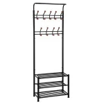 Entryway Coat Rack with Storage Shoe Rack Hallway Organizer 18 Hooks and 3-Tier Shelves Metal Black