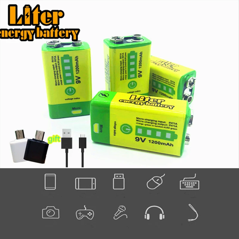 Factory Price 9V 1200mAh USB- Li-ion Rechargeable Battery With USB Charge and discharge Port