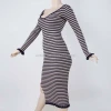 Fashion clothing long sleeve casual deep V neck knitted models color stripes sexy loose girl dance maxi dress with side split