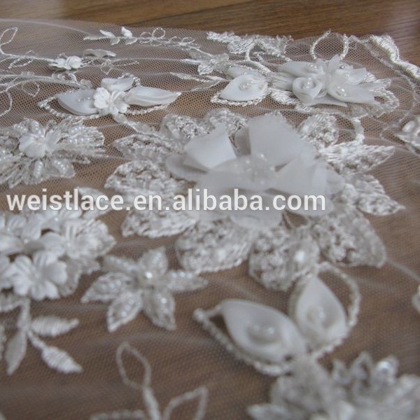 Fashion Newest 3D Embroidery  Lace Satin Applique Flower On Fabric Wedding Bridal Dress Lace Design