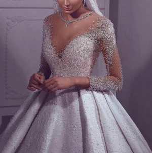 Gorgeous Beaded Luxury Long Train Long Sleeve Ball Gown Wedding Dress Bridal Gown Crystal Dress Wedding