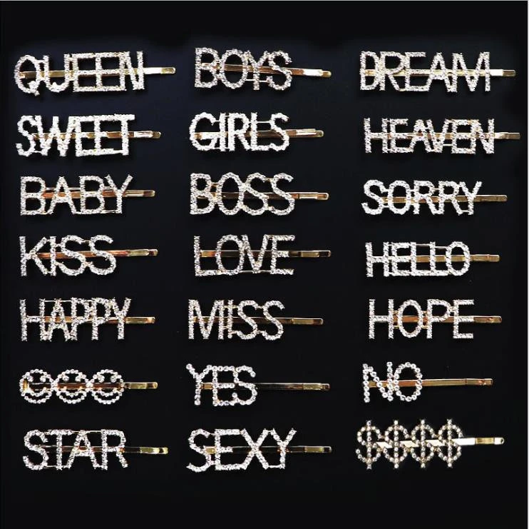 H1001 Fashion Bling Rhinestone Crystal Gold Words LOVE Letters Hair Clips Hairpins Babby Pins